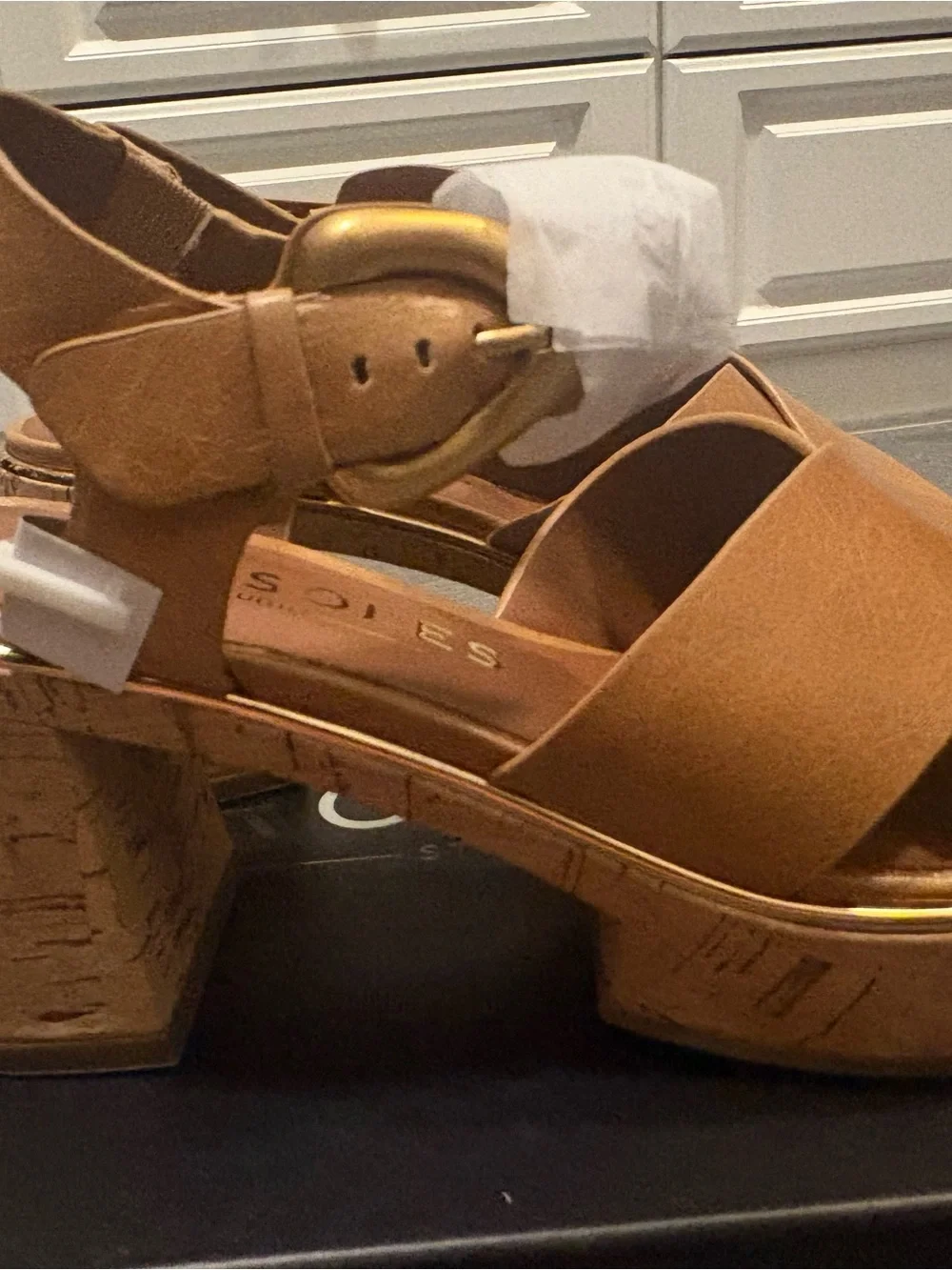 AEROSOLES Tan Platform Cork-Heel Sandal with Gold Trim